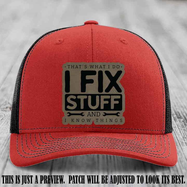 I Fix Stuff Light Brown to Black Patch 🛠️ Leather Patch Hat on Red to Black Hat