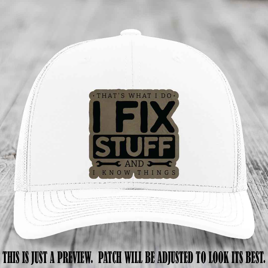 I Fix Stuff Light Brown to Black Patch 🛠️ Leather Patch Hat on White Hat
