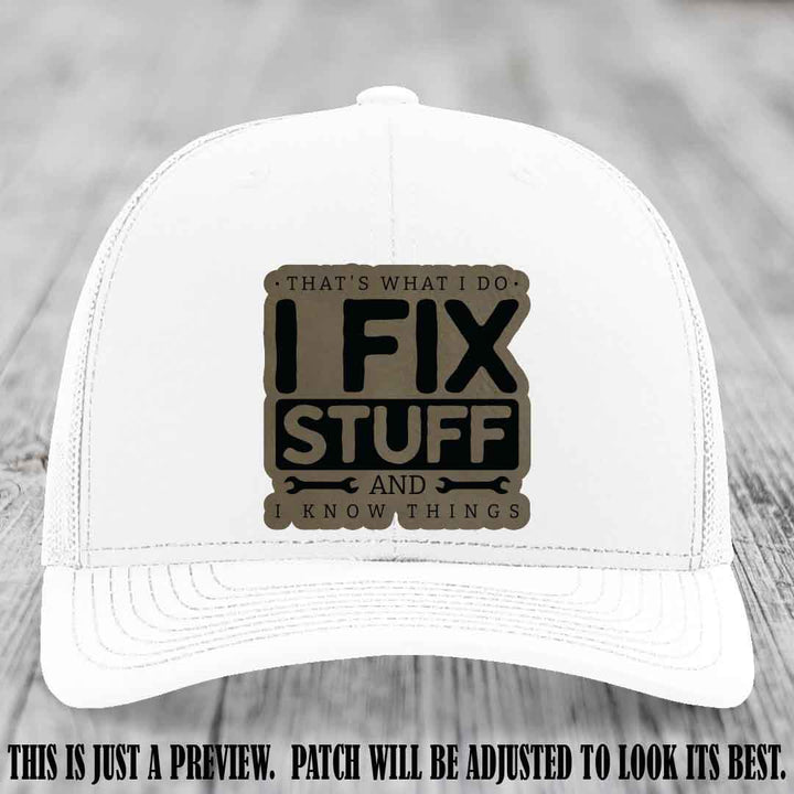 I Fix Stuff Light Brown to Black Patch 🛠️ Leather Patch Hat on White Hat