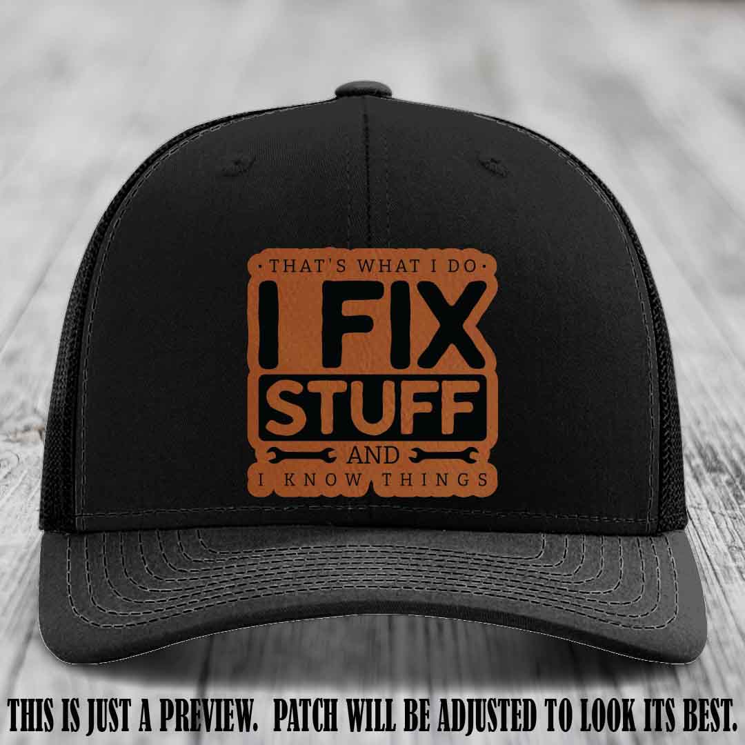 I Fix Stuff Rawhide to Black Patch 🛠️ Leather Patch Hat on Black Hat