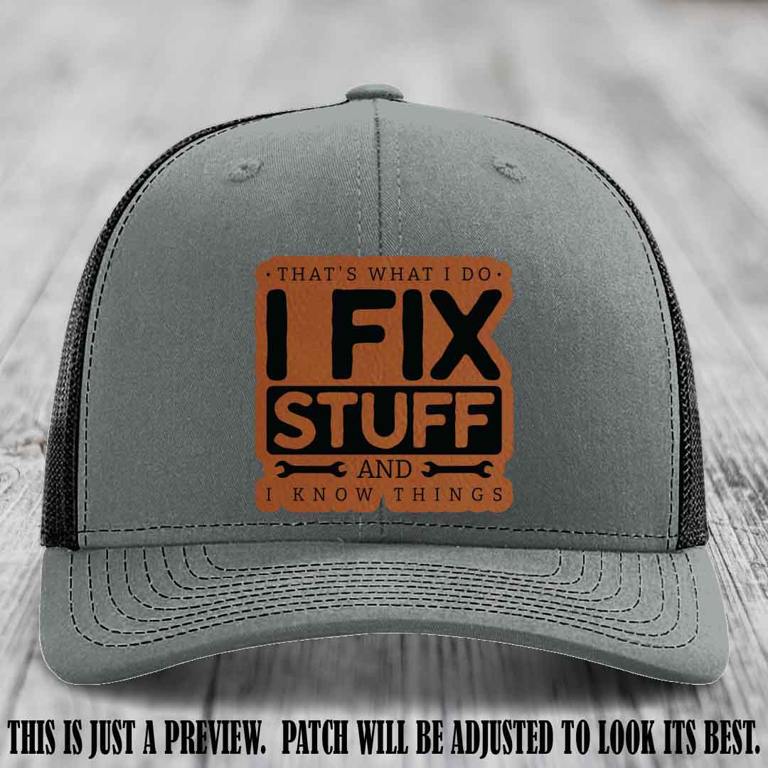 I Fix Stuff Rawhide to Black Patch 🛠️ Leather Patch Hat on Heather Grey to Black Hat