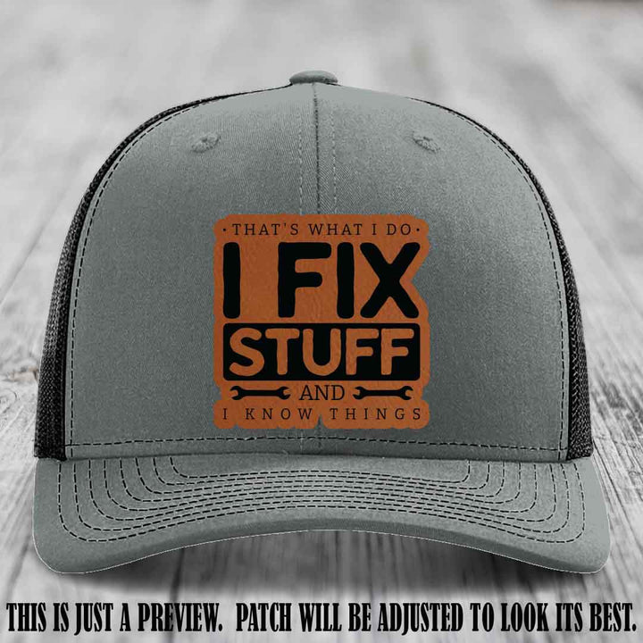I Fix Stuff Rawhide to Black Patch 🛠️ Leather Patch Hat on Heather Grey to Black Hat