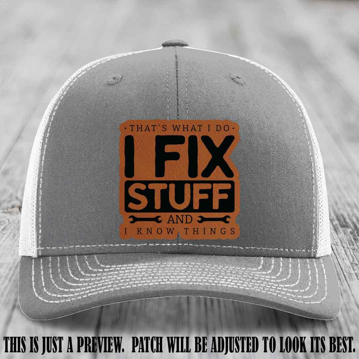 I Fix Stuff Rawhide to Black Patch 🛠️ Leather Patch Hat on Heather Grey to White Hat