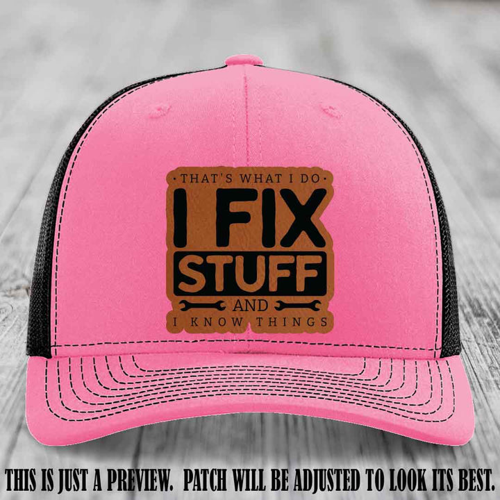 I Fix Stuff Rawhide to Black Patch 🛠️ Leather Patch Hat on Hot Pink to Black Hat