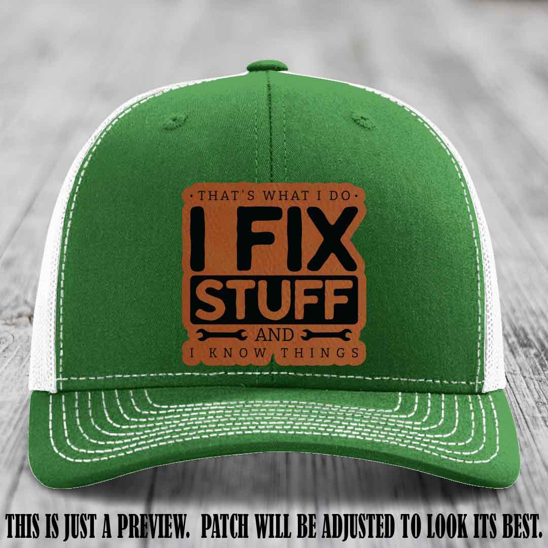 I Fix Stuff Rawhide to Black Patch 🛠️ Leather Patch Hat on Kelly to White Hat