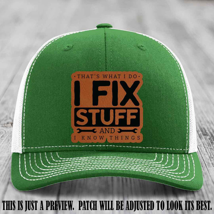 I Fix Stuff Rawhide to Black Patch 🛠️ Leather Patch Hat on Kelly to White Hat