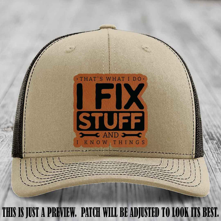 I Fix Stuff Rawhide to Black Patch 🛠️ Leather Patch Hat on Khaki to Coffee Hat