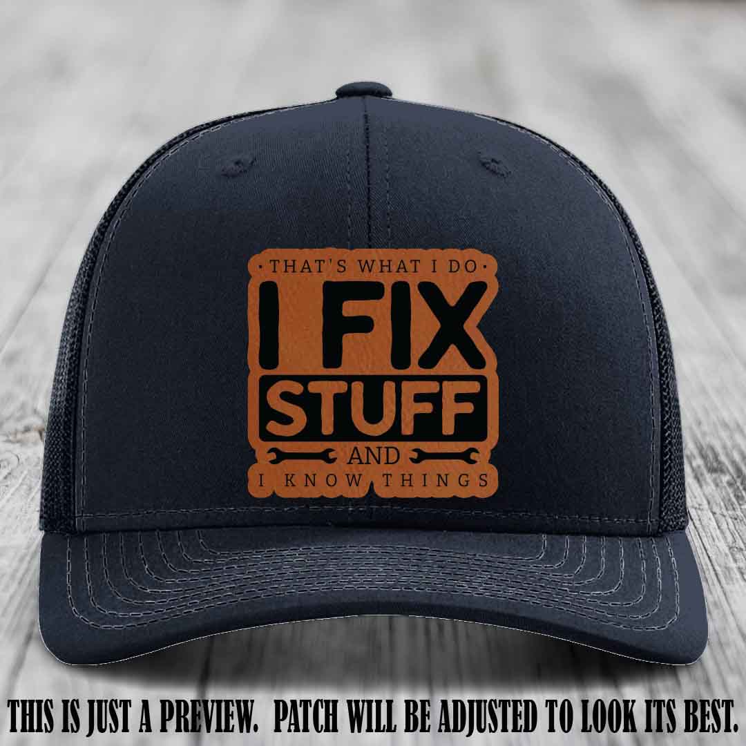 I Fix Stuff Rawhide to Black Patch 🛠️ Leather Patch Hat on Navy Hat