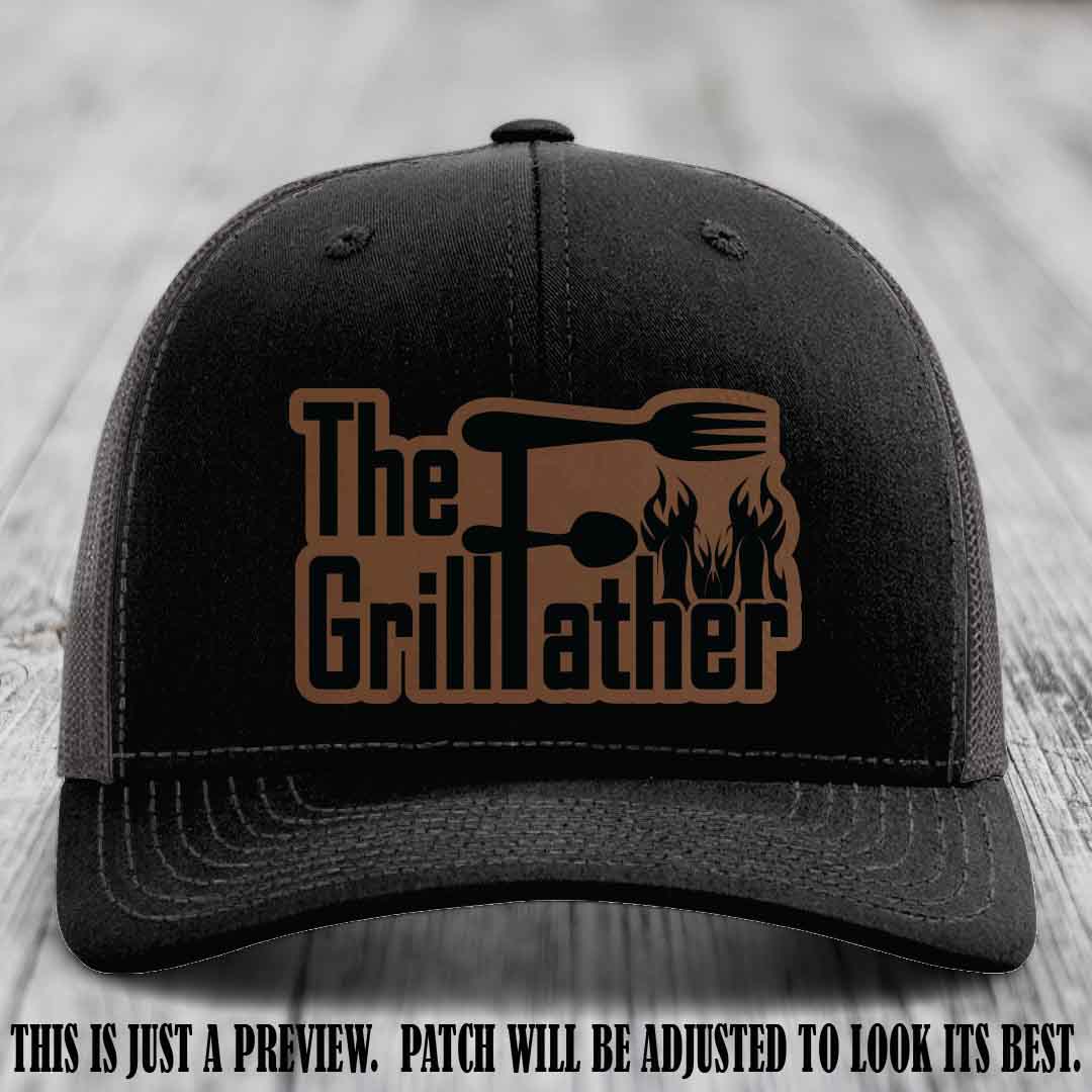 Richardson 112 Leather Patch Hat - The GrillFather Design - Dark Brown to Black Patch on Black to Charcoal Hat