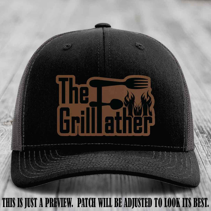 Richardson 112 Leather Patch Hat - The GrillFather Design - Dark Brown to Black Patch on Black to Charcoal Hat