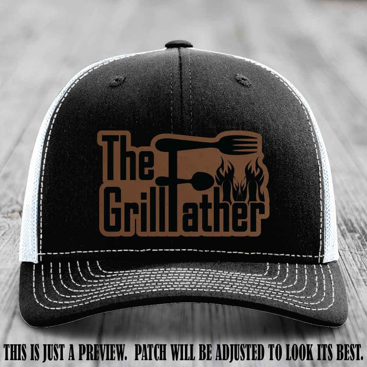 Richardson 112 Leather Patch Hat - The GrillFather Design - Dark Brown to Black Patch on Black to White Hat