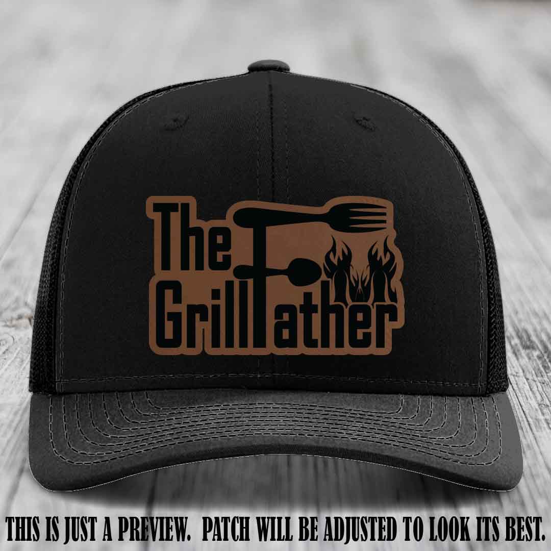 Richardson 112 Leather Patch Hat - The GrillFather Design - Dark Brown to Black Patch on Black Hat
