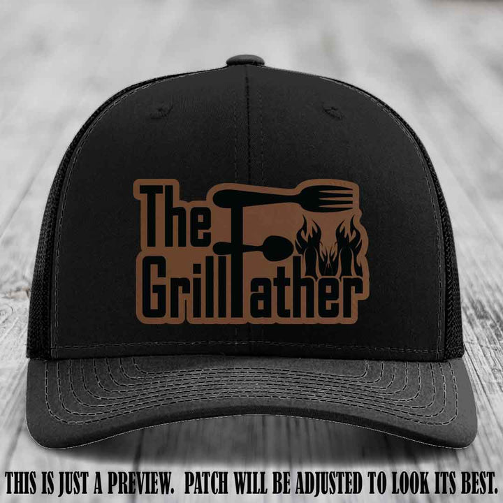 Richardson 112 Leather Patch Hat - The GrillFather Design - Dark Brown to Black Patch on Black Hat