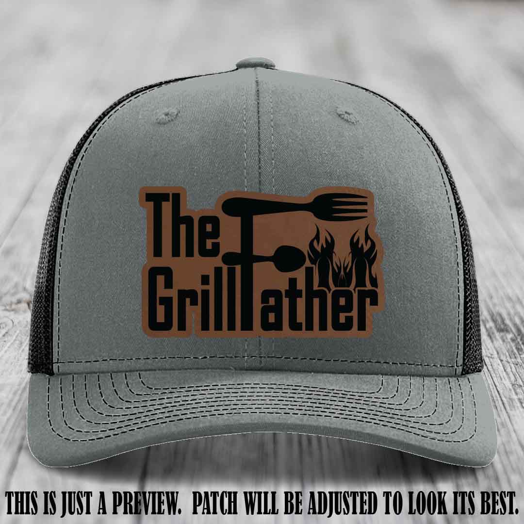 Richardson 112 Leather Patch Hat - The GrillFather Design - Dark Brown to Black Patch on Heather Grey to Black Hat