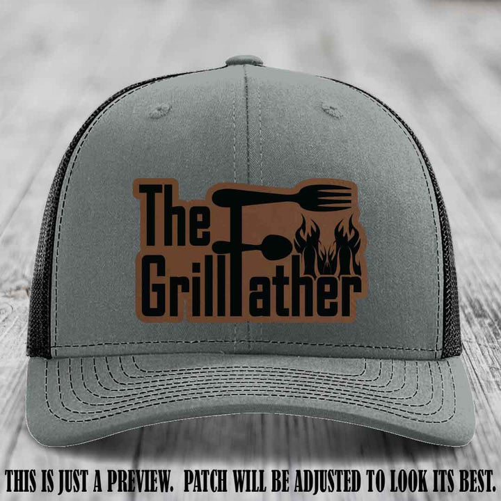 Richardson 112 Leather Patch Hat - The GrillFather Design - Dark Brown to Black Patch on Heather Grey to Black Hat