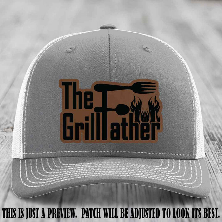 Richardson 112 Leather Patch Hat - The GrillFather Design - Dark Brown to Black Patch on Heather Grey to White Hat