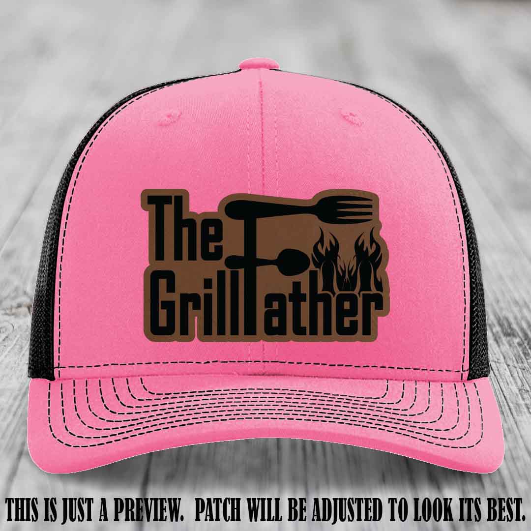 Richardson 112 Leather Patch Hat - The GrillFather Design - Dark Brown to Black Patch on Hot Pink to Black Hat