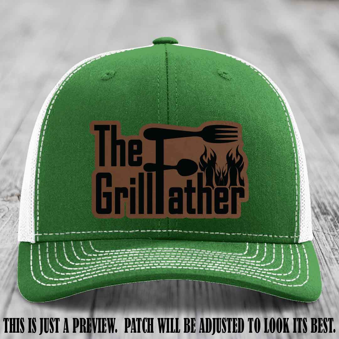 Richardson 112 Leather Patch Hat - The GrillFather Design - Dark Brown to Black Patch on Kelly to White Hat