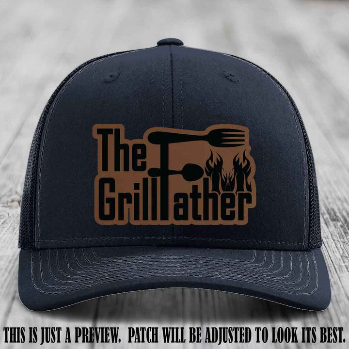 Richardson 112 Leather Patch Hat - The GrillFather Design - Dark Brown to Black Patch on Navy Hat
