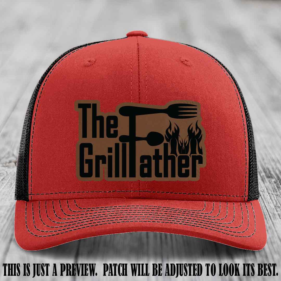 Richardson 112 Leather Patch Hat - The GrillFather Design - Dark Brown to Black Patch on Red to Black Hat