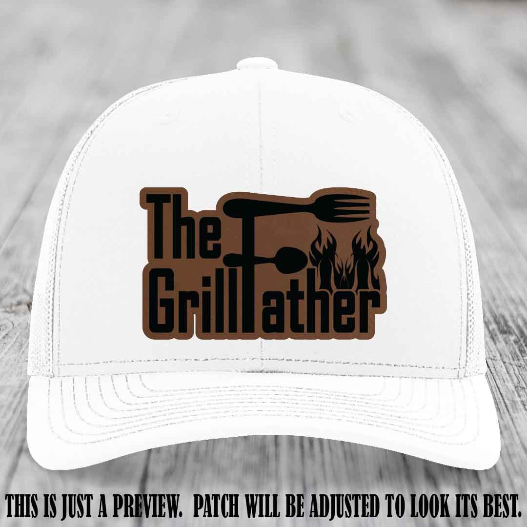 Richardson 112 Leather Patch Hat - The GrillFather Design - Dark Brown to Black Patch on White Hat