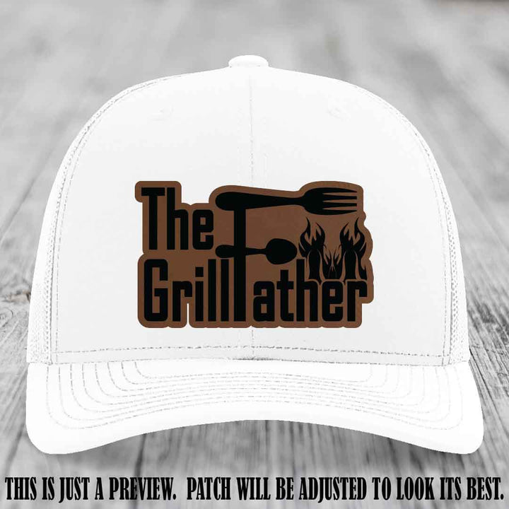 Richardson 112 Leather Patch Hat - The GrillFather Design - Dark Brown to Black Patch on White Hat
