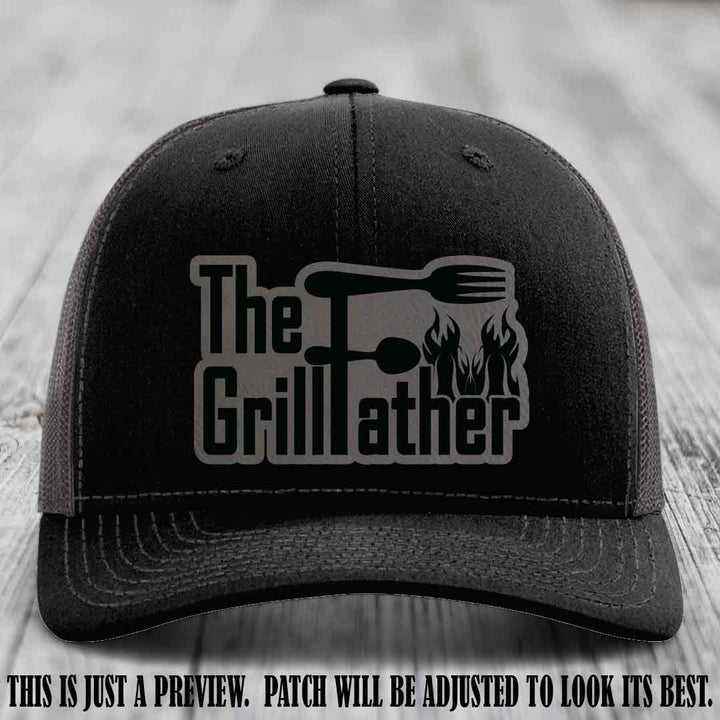 Richardson 112 Leather Patch Hat - The GrillFather Design - Grey to Black Patch on Black to Charcoal Hat