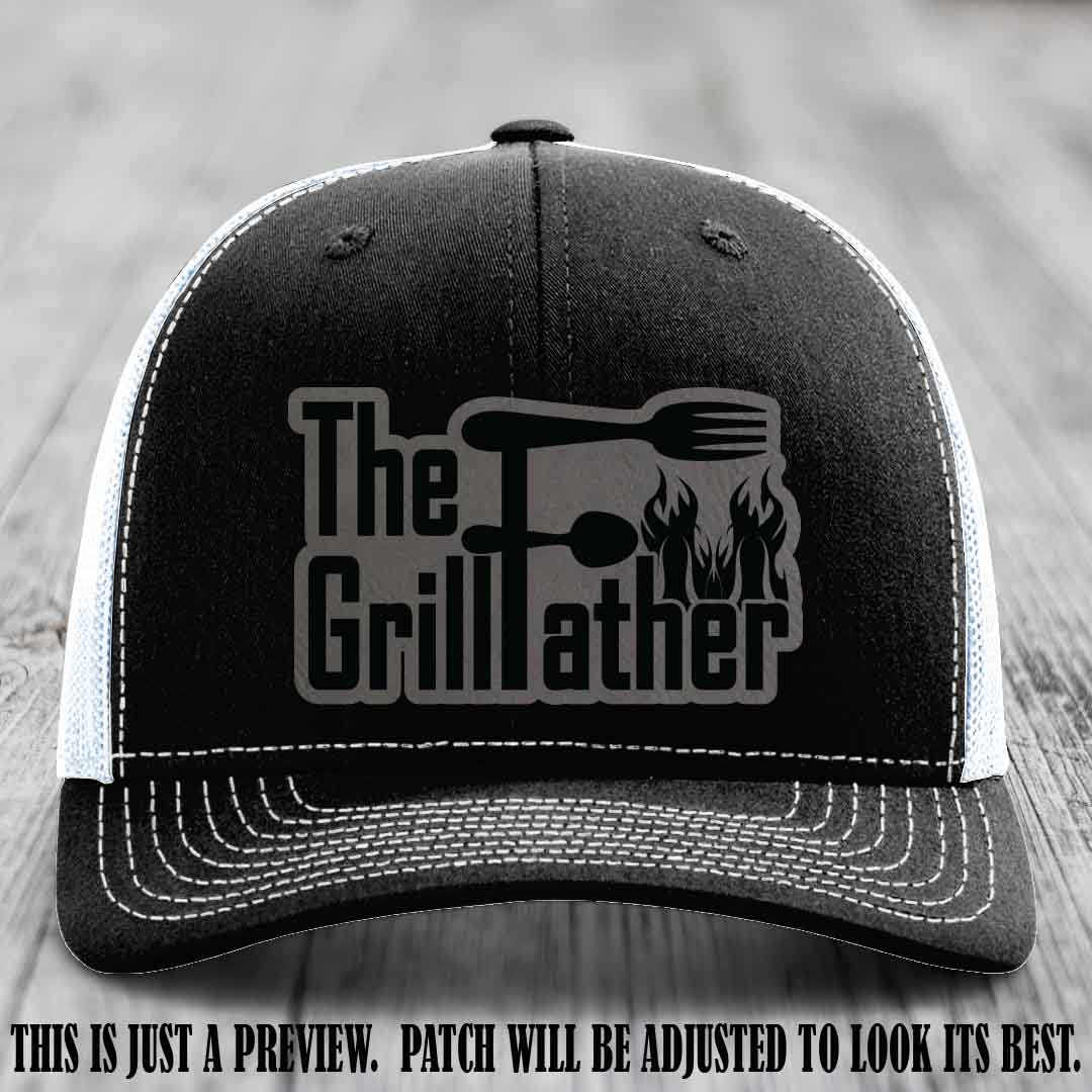 Richardson 112 Leather Patch Hat - The GrillFather Design - Grey to Black Patch on Black to White Hat