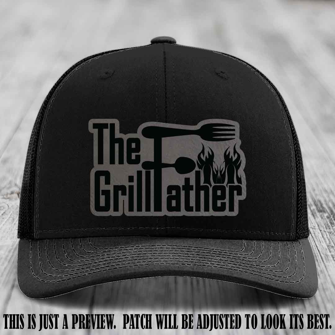 Richardson 112 Leather Patch Hat - The GrillFather Design - Grey to Black Patch on Black Hat