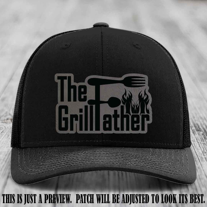 Richardson 112 Leather Patch Hat - The GrillFather Design - Grey to Black Patch on Black Hat