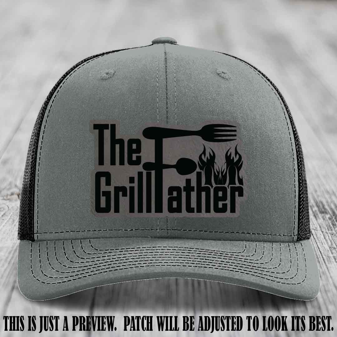 Richardson 112 Leather Patch Hat - The GrillFather Design - Grey to Black Patch on Heather Grey to Black Hat