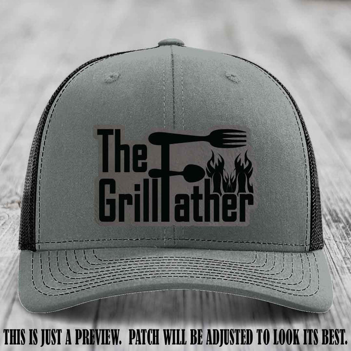 Richardson 112 Leather Patch Hat - The GrillFather Design - Grey to Black Patch on Heather Grey to Black Hat