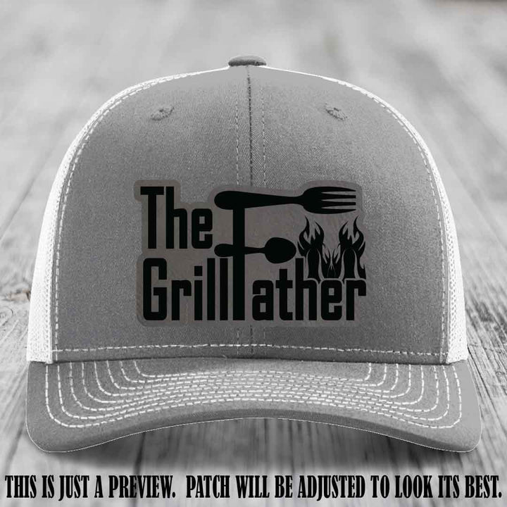 Richardson 112 Leather Patch Hat - The GrillFather Design - Grey to Black Patch on Heather Grey to White Hat