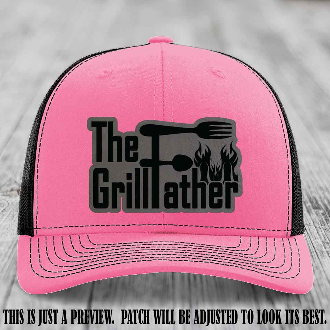Richardson 112 Leather Patch Hat - The GrillFather Design - Grey to Black Patch on Hot Pink to Black Hat