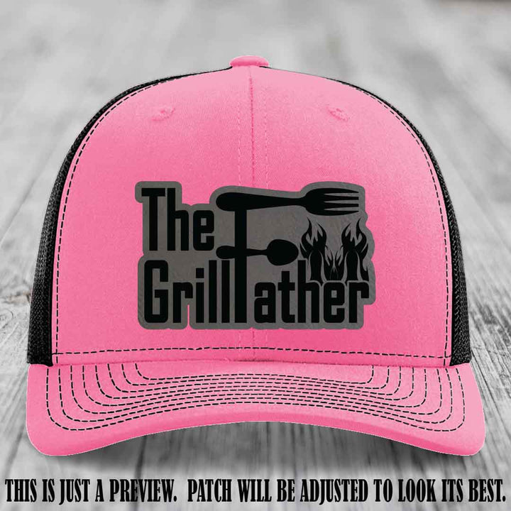 Richardson 112 Leather Patch Hat - The GrillFather Design - Grey to Black Patch on Hot Pink to Black Hat