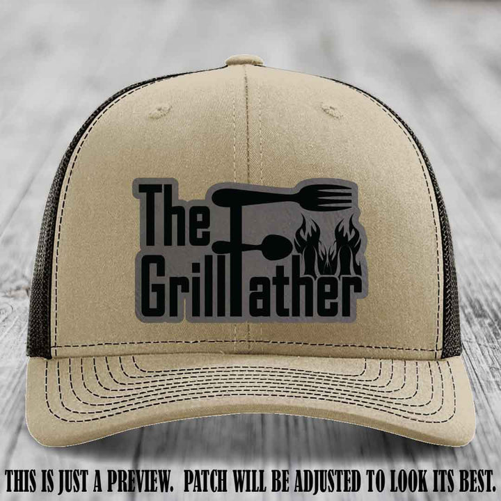Richardson 112 Leather Patch Hat - The GrillFather Design - Grey to Black Patch on Khaki to Coffee Hat