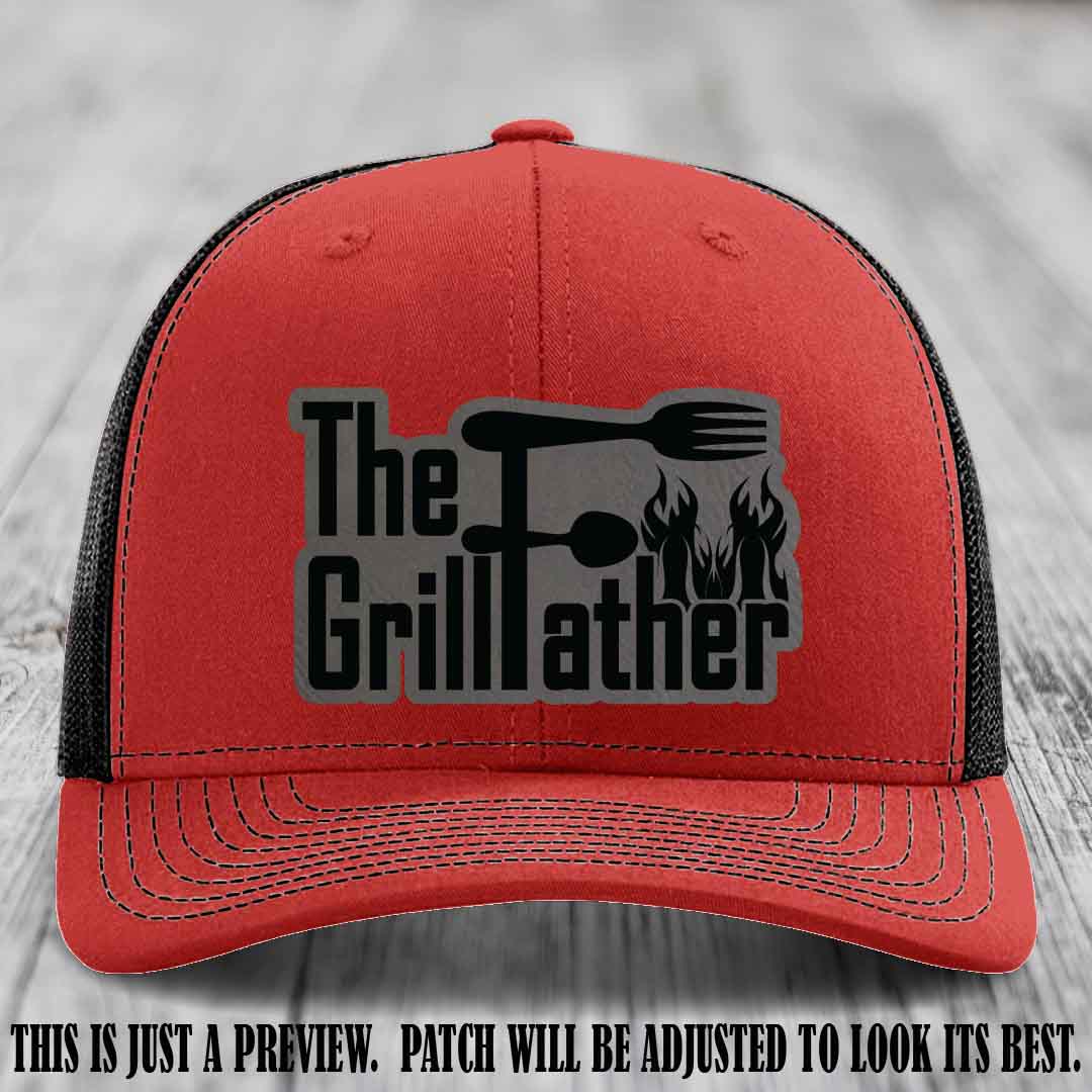 Richardson 112 Leather Patch Hat - The GrillFather Design - Grey to Black Patch on Red to Black Hat