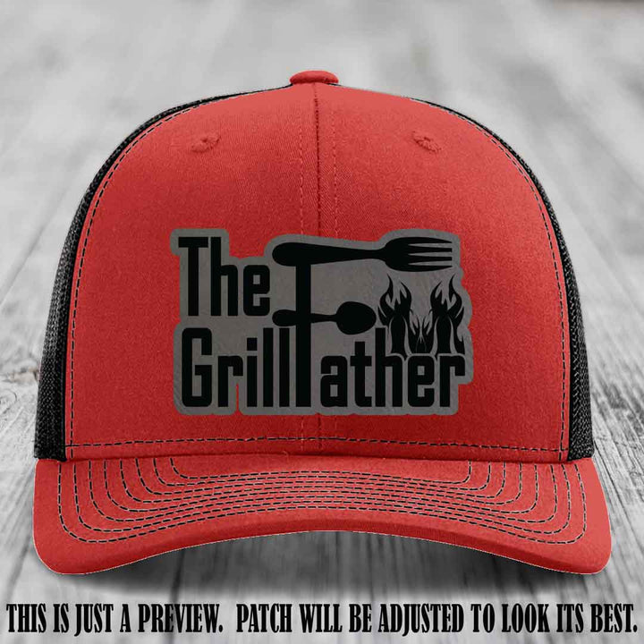 Richardson 112 Leather Patch Hat - The GrillFather Design - Grey to Black Patch on Red to Black Hat