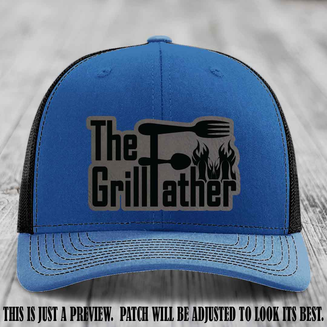 Richardson 112 Leather Patch Hat - The GrillFather Design - Grey to Black Patch on Royal to Black Hat