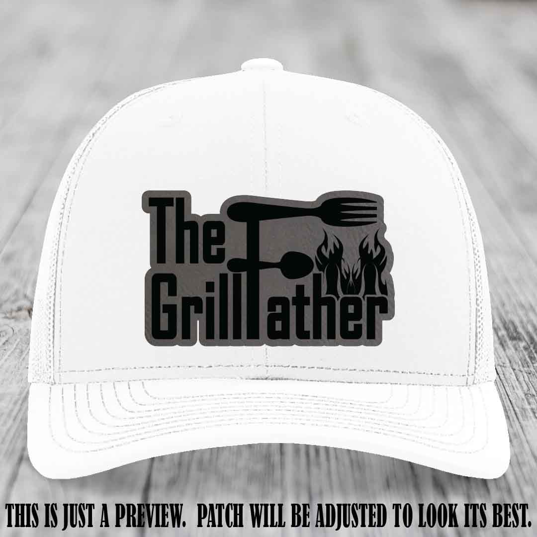 Richardson 112 Leather Patch Hat - The GrillFather Design - Grey to Black Patch on White Hat