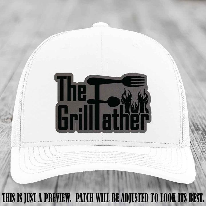 Richardson 112 Leather Patch Hat - The GrillFather Design - Grey to Black Patch on White Hat
