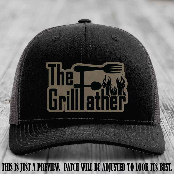 Richardson 112 Leather Patch Hat - The GrillFather Design - Light Brown to Black Patch on Black to Charcoal Hat
