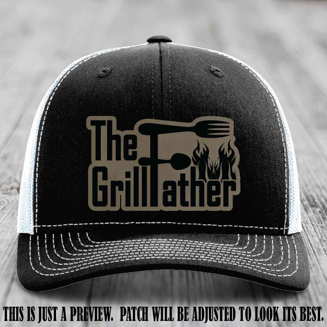 Richardson 112 Leather Patch Hat - The GrillFather Design - Light Brown to Black Patch on Black to White Hat