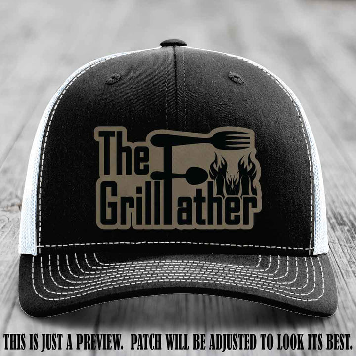 Richardson 112 Leather Patch Hat - The GrillFather Design - Light Brown to Black Patch on Black to White Hat