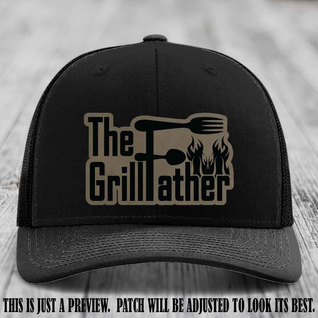 Richardson 112 Leather Patch Hat - The GrillFather Design - Light Brown to Black Patch on Black Hat