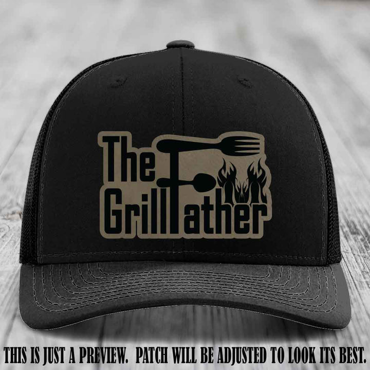 Richardson 112 Leather Patch Hat - The GrillFather Design - Light Brown to Black Patch on Black Hat