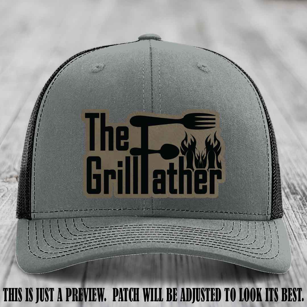 Richardson 112 Leather Patch Hat - The GrillFather Design - Light Brown to Black Patch on Heather Grey to Black Hat
