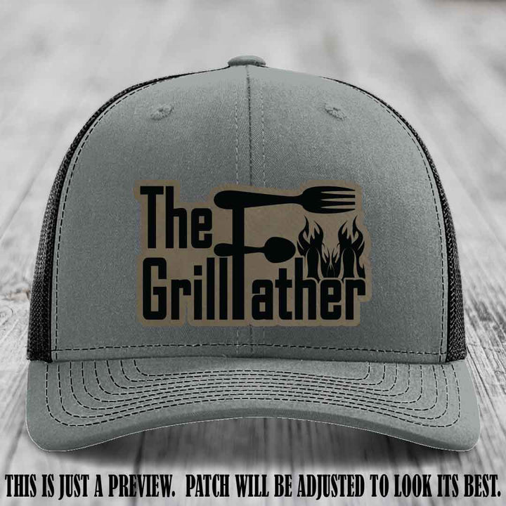 Richardson 112 Leather Patch Hat - The GrillFather Design - Light Brown to Black Patch on Heather Grey to Black Hat