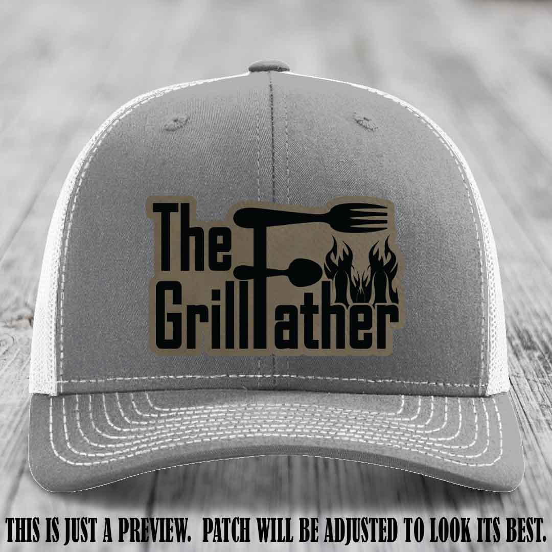 Richardson 112 Leather Patch Hat - The GrillFather Design - Light Brown to Black Patch on Heather Grey to White Hat