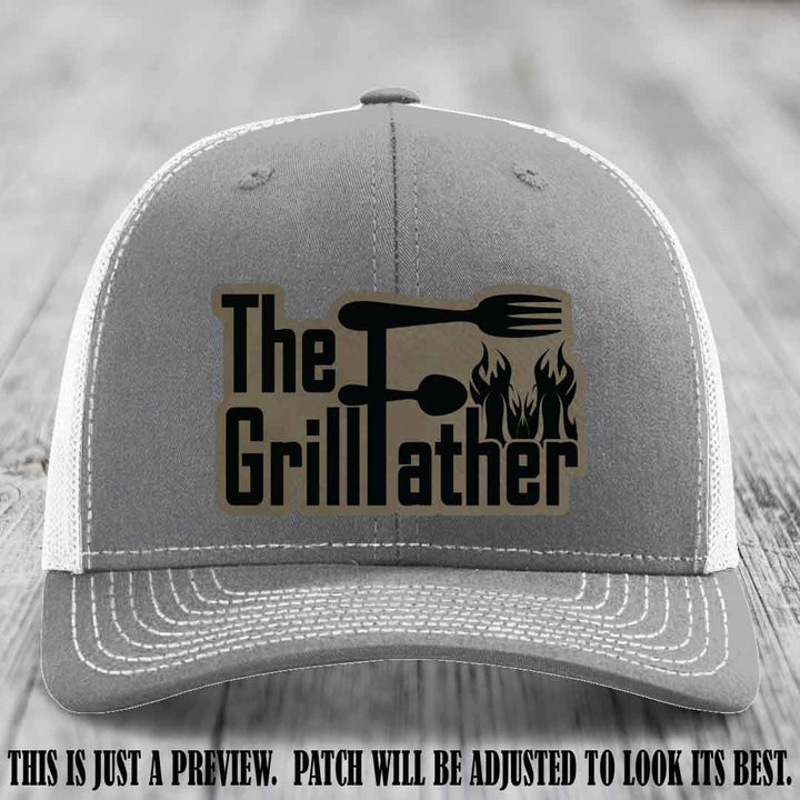 Richardson 112 Leather Patch Hat - The GrillFather Design - Light Brown to Black Patch on Heather Grey to White Hat